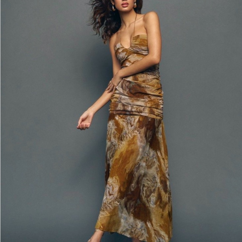 Zara Silk Halter Ruched Maxi Dress BNWT